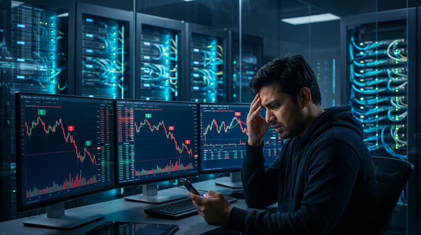 An Indian retail options trader in distress watching crashing market charts on three monitors, with towering high-frequency trading server racks and glowing fiber optic cables looming in the background